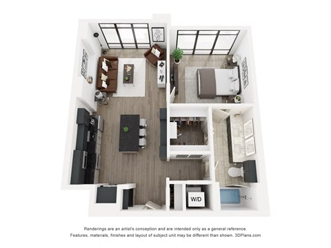 Floor plan for 1 bed, 1 bath, 777 sqft